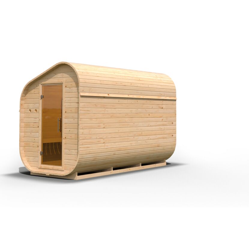 Außenansicht einer Fasssauna aus Holz