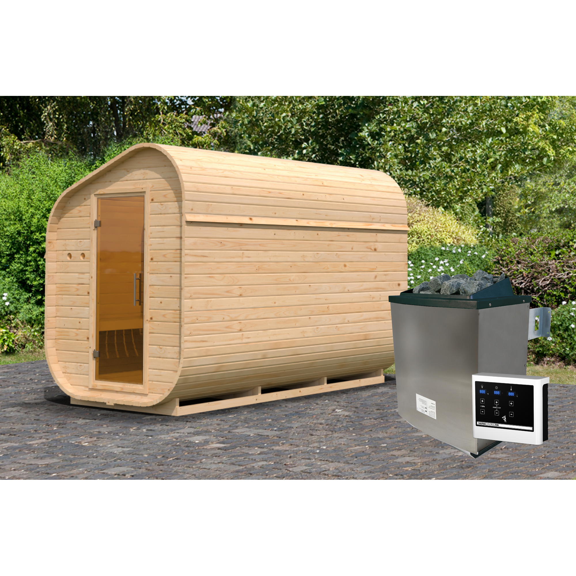 Fasssauna 'Suna 3' asymmetrisch naturbelassen 9 kW Ofen externe Steuerung 199 x 355 x 248,5 cm + product picture