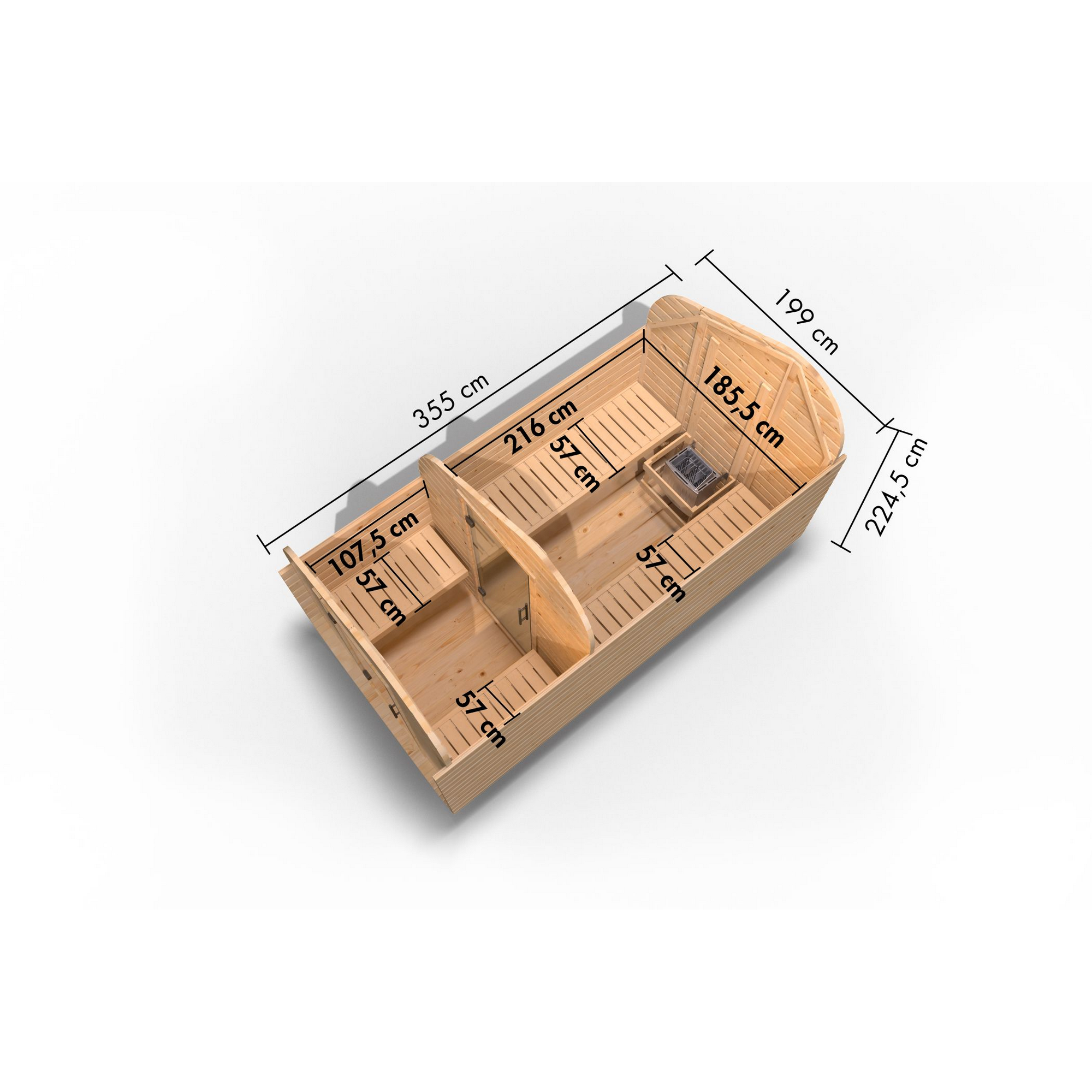 Fasssauna 'Suna 3' asymmetrisch naturbelassen 9 kW Ofen externe Steuerung 199 x 355 x 248,5 cm + product picture