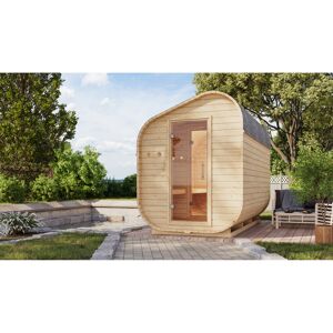 Fasssauna 'Suna 3' asymmetrisch naturbelassen 9 kW Bio-Ofen externe Steuerung 199 x 355 x 248,5 cm
