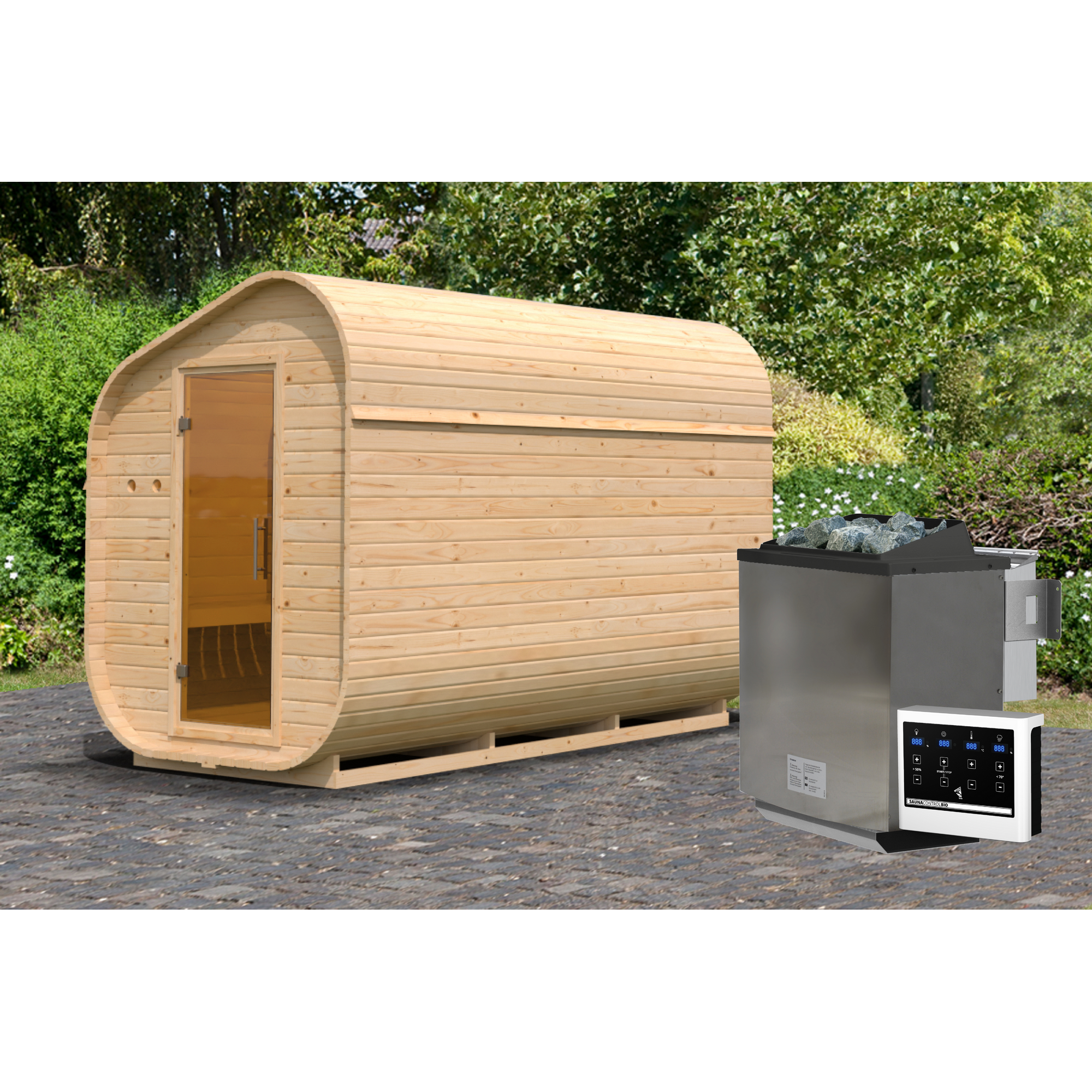 Fasssauna 'Suna 3' asymmetrisch naturbelassen 9 kW Bio-Ofen externe Steuerung 199 x 355 x 248,5 cm + product picture