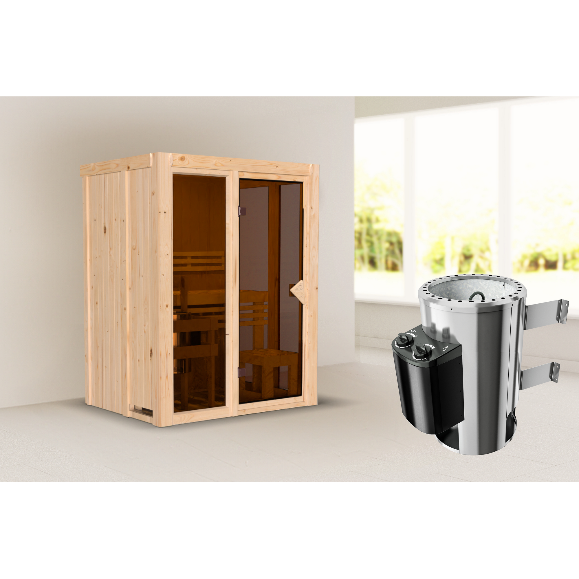 Sauna 'Paco 1' naturbelassen 3,6 kW Ofen integrierte Steuerung 155 x 122 x 198 cm + product picture