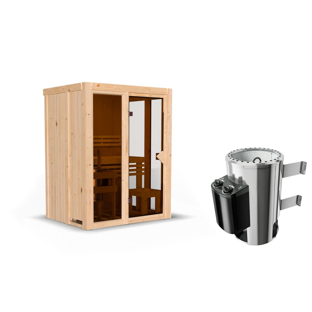 Sauna aus hellem Holz mit Saunaofen