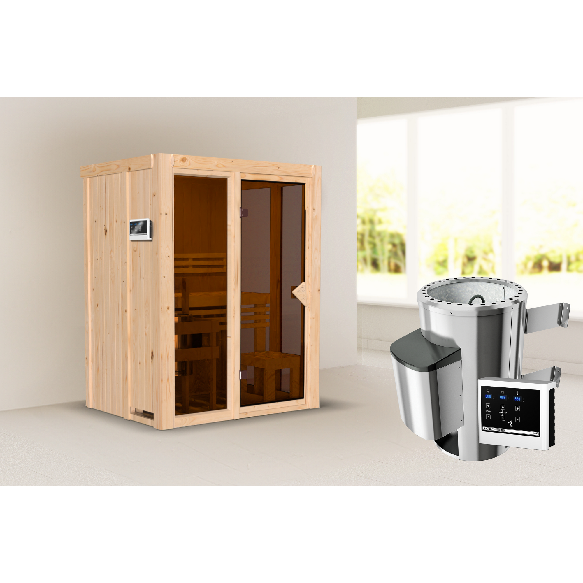 Sauna 'Paco 1' naturbelassen 3,6 kW Ofen externe Steuerung 155 x 122 x 198 cm + product picture