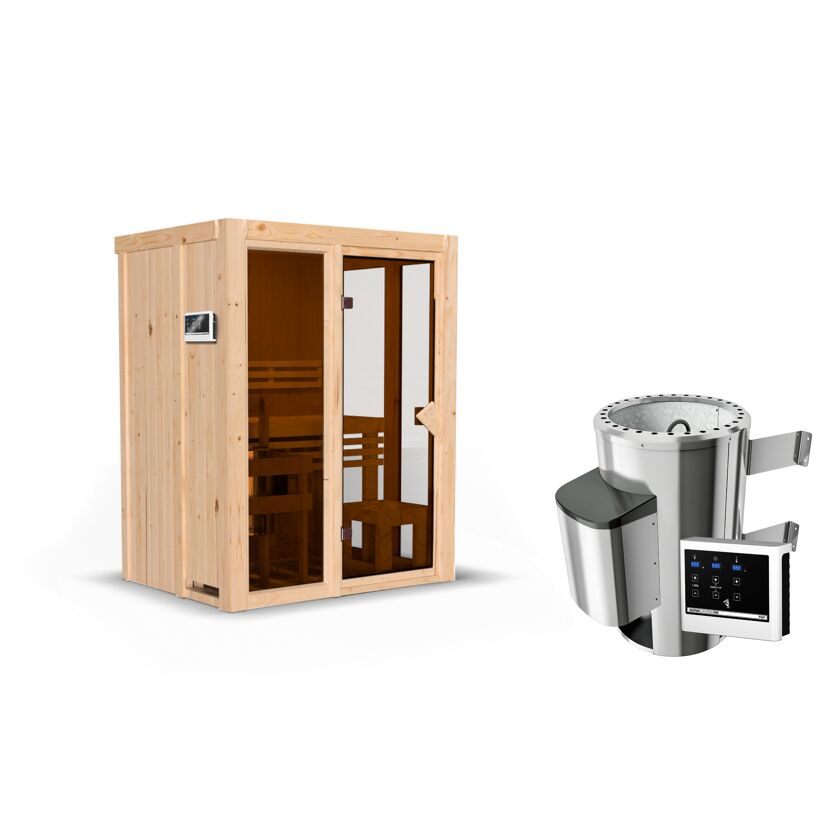 Sauna aus Holz mit Saunaofen