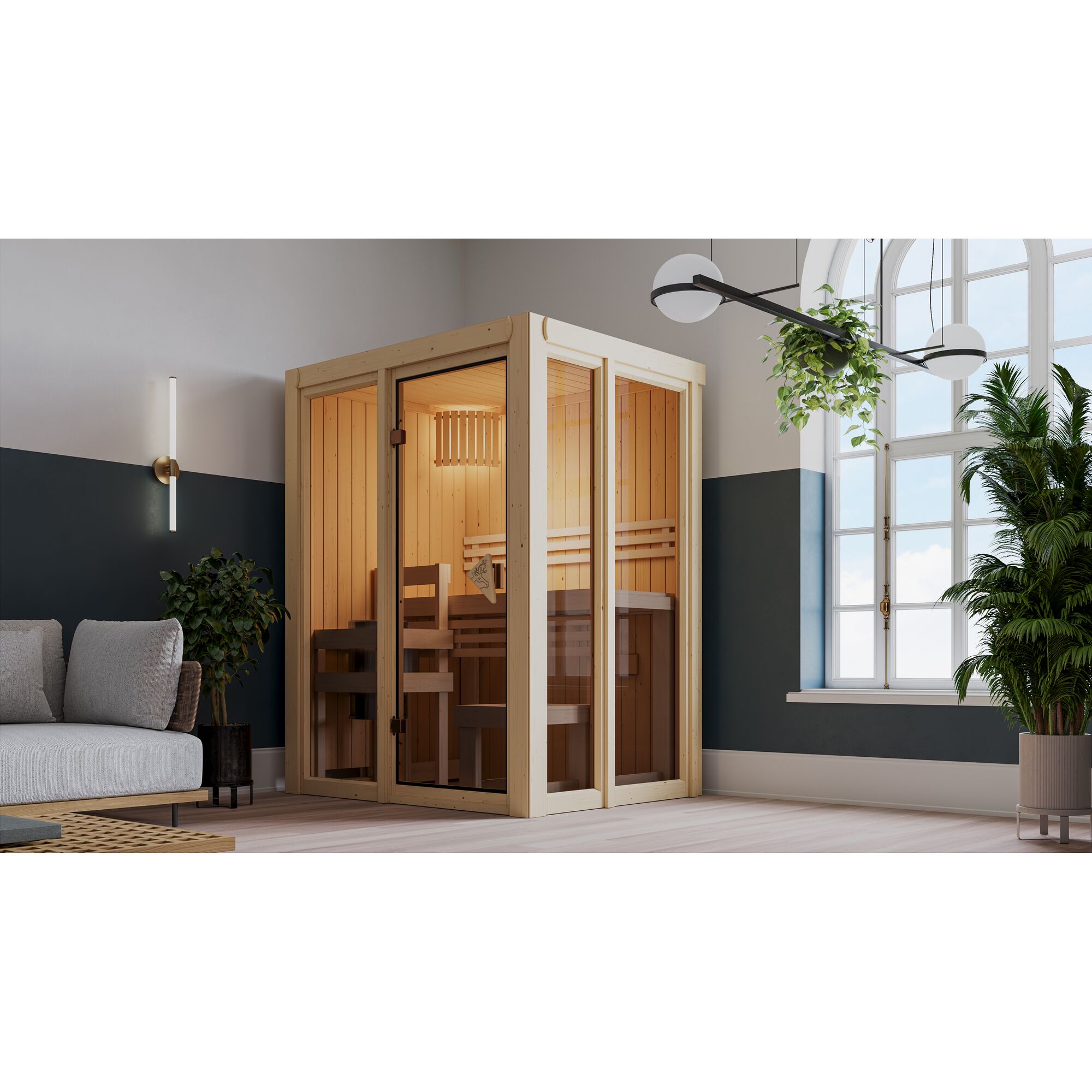 Sauna aus hellem Holz in einem Wohnzimmer