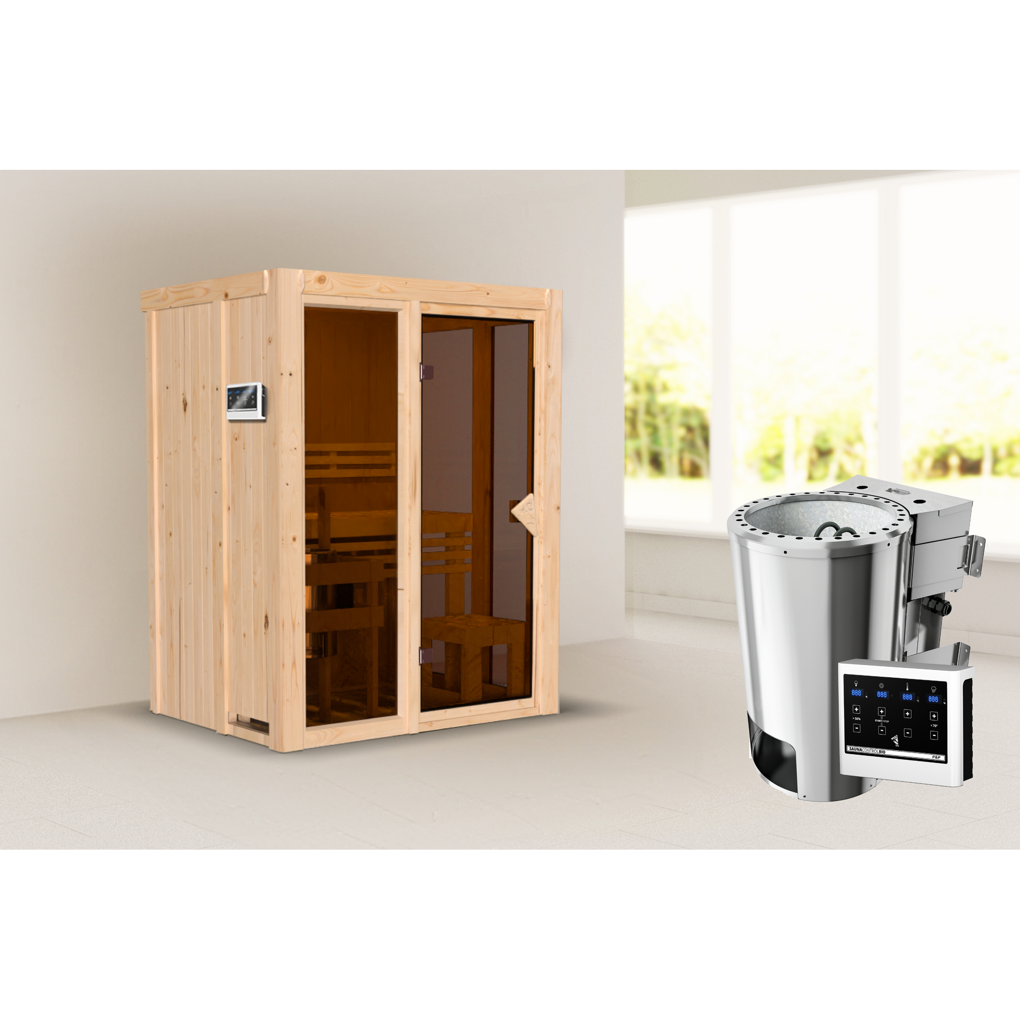 Sauna 'Paco 1' naturbelassen 3,6 kW Bio-Ofen externe Steuerung 155 x 122 x 198 cm + product picture