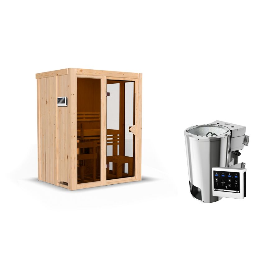 Sauna aus hellem Holz mit Saunaofen