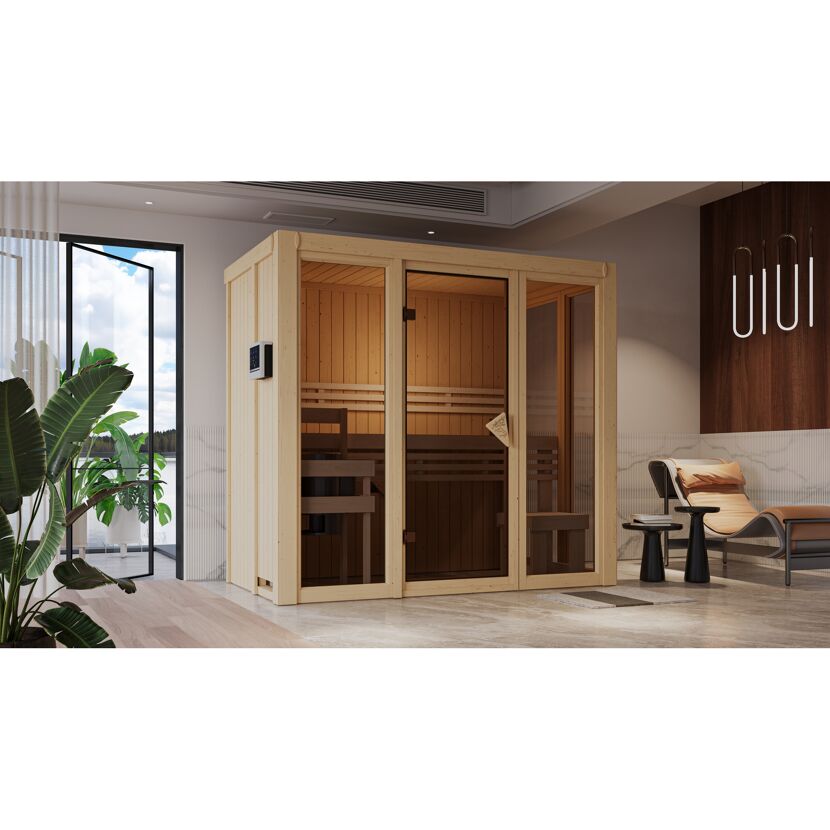Sauna aus hellem Holz mit Glastür