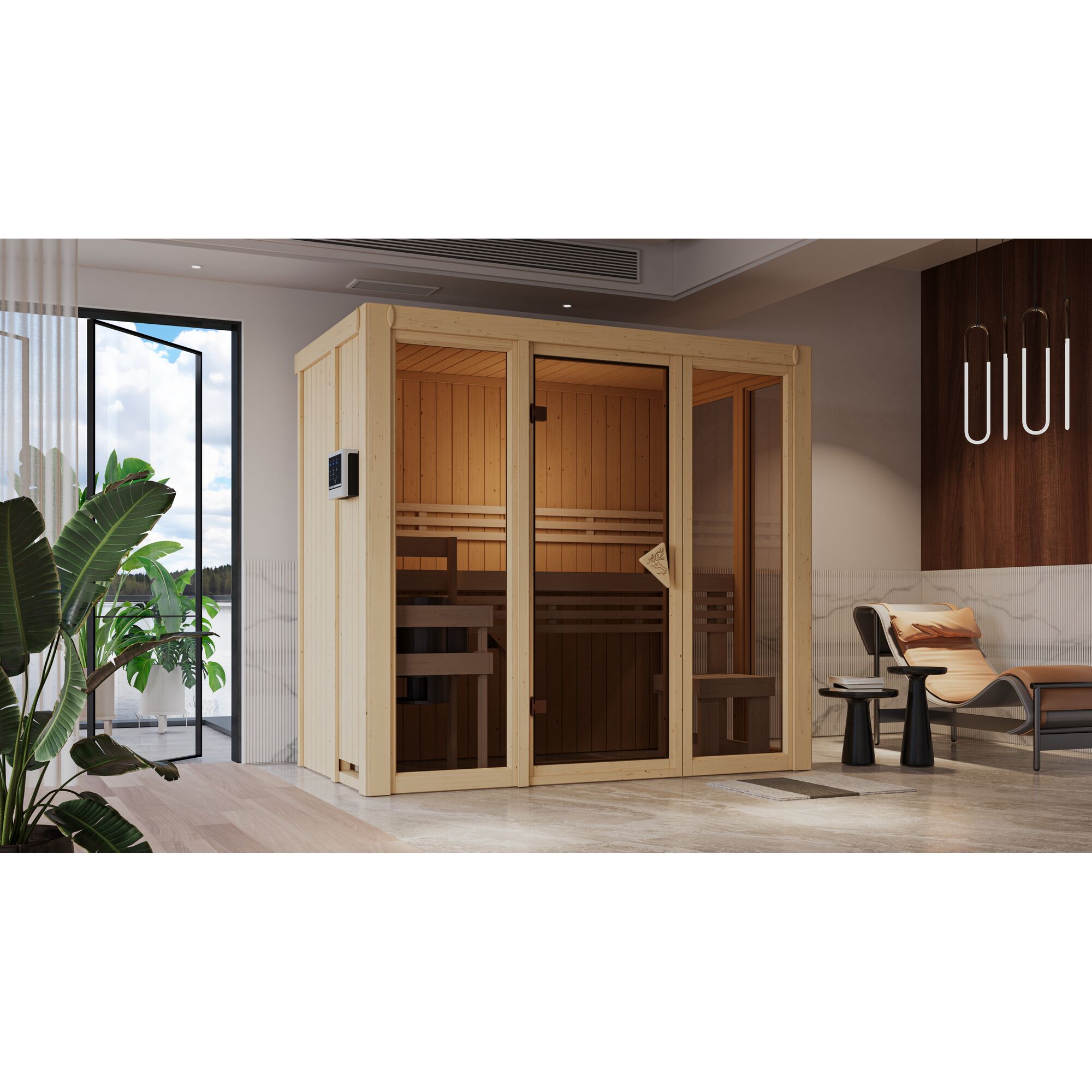 Sauna aus hellem Holz mit Glastür