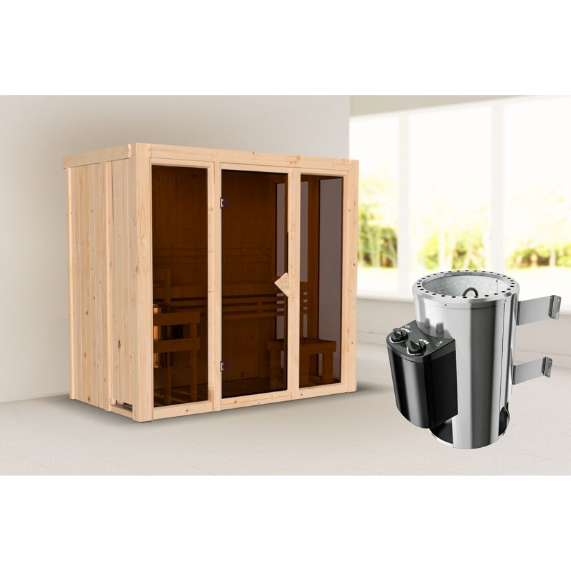 Sauna aus hellem Holz mit Saunaofen