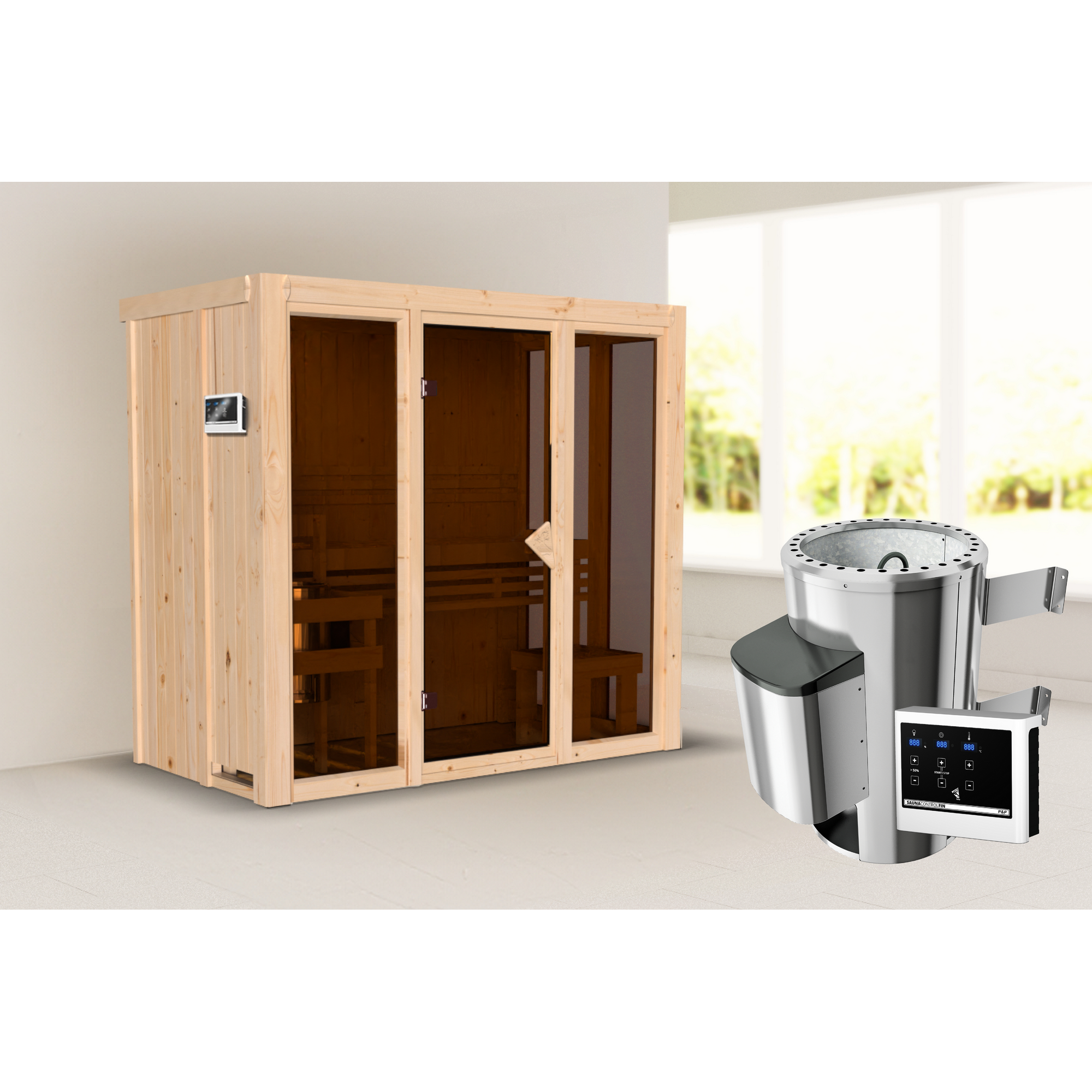 Sauna 'Paco 2' naturbelassen 3,6 kW Ofen externe Steuerung 216 x 122 x 198 cm + product picture