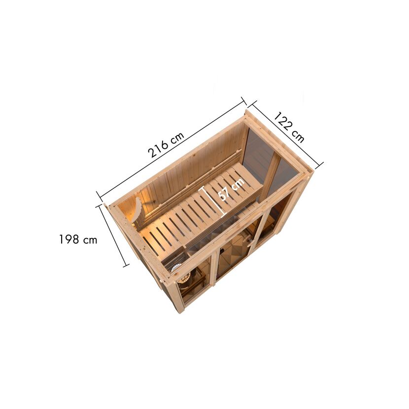 Sauna aus Holz mit Maßangaben