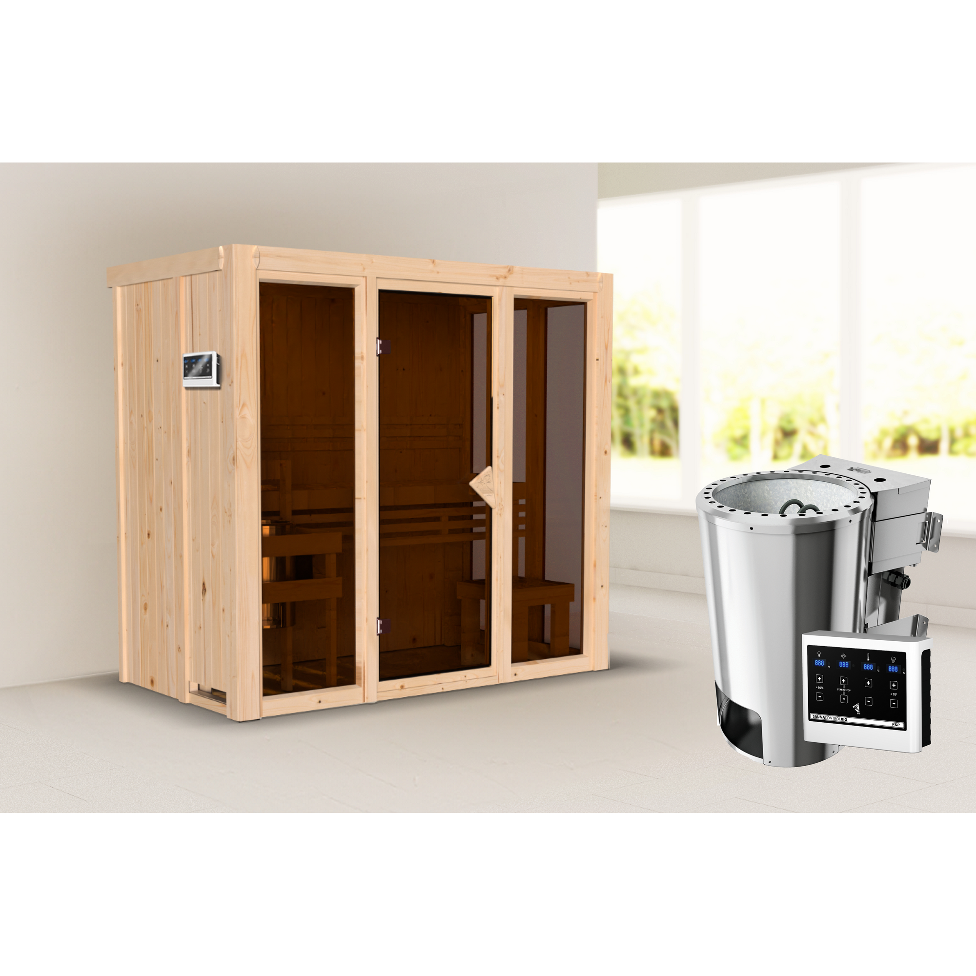 Sauna 'Paco 2' naturbelassen 3,6 kW Bio-Ofen externe Steuerung 216 x 122 x 198 cm + product picture