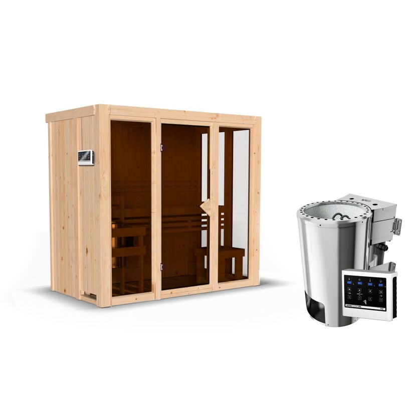 Sauna aus Holz mit Saunaofen