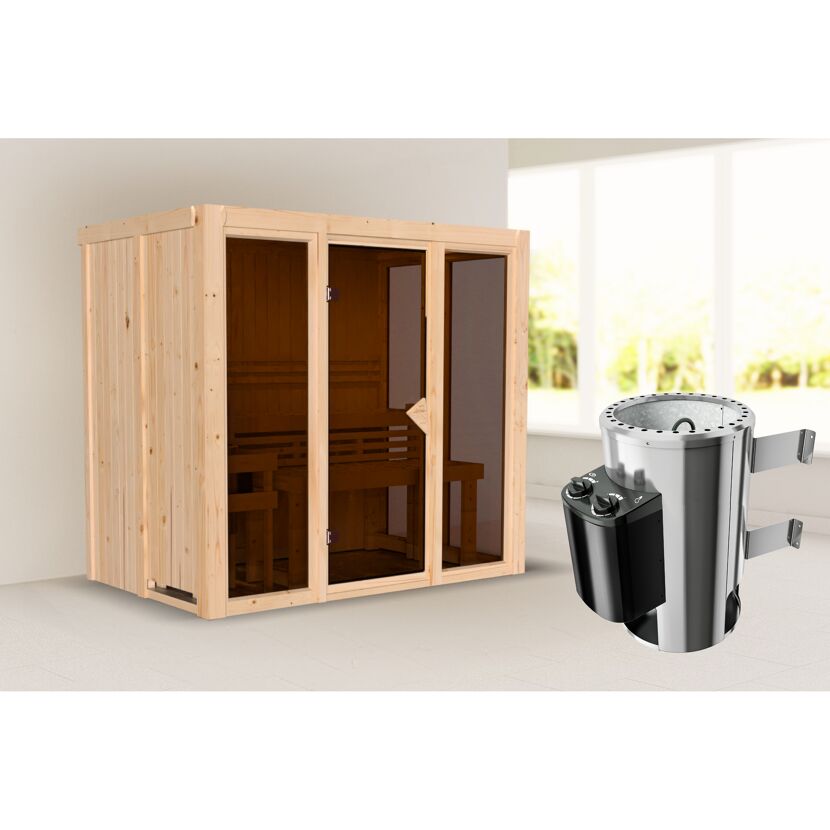 Saunakabine aus Holz mit Saunaofen