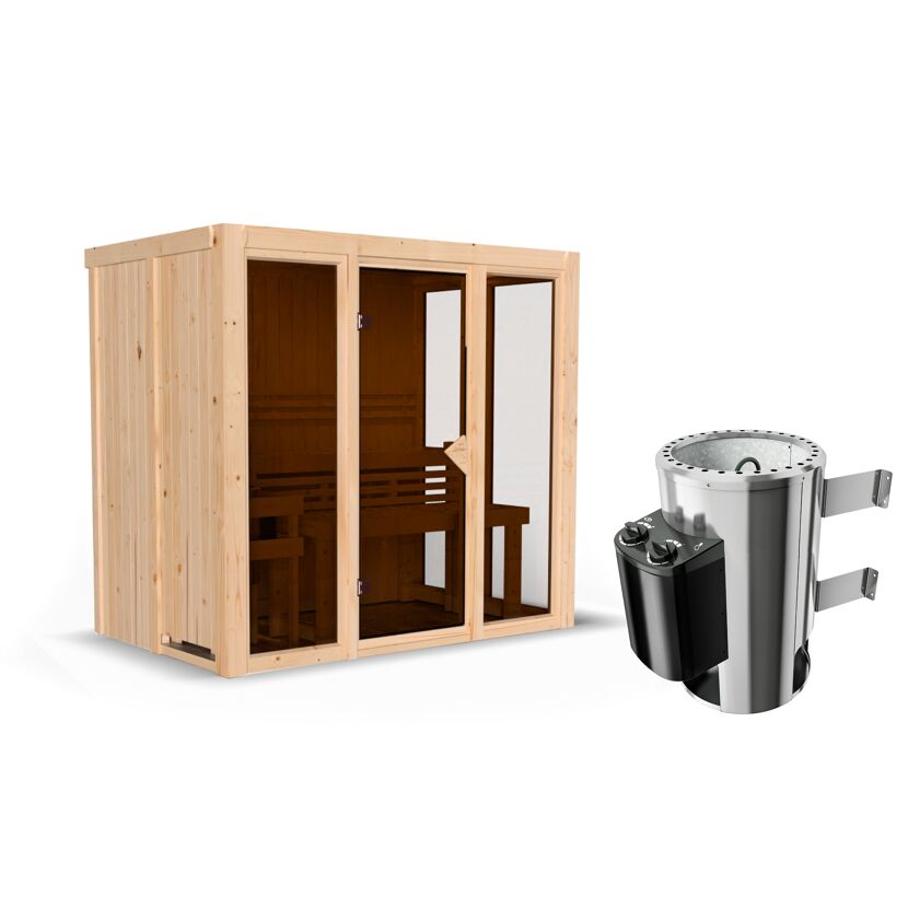 Sauna aus Holz mit Saunaofen