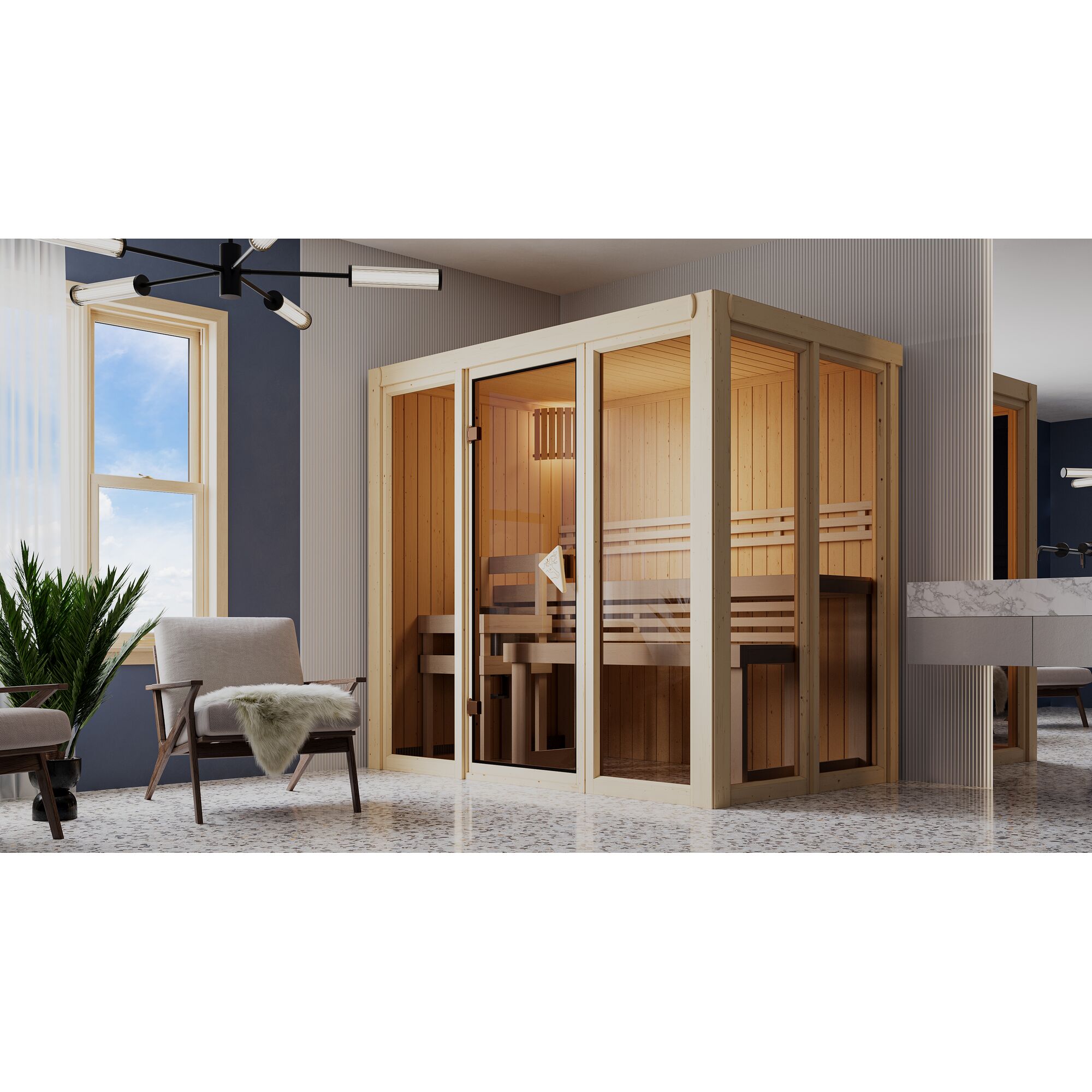 Sauna aus hellem Holz in einem Badezimmer
