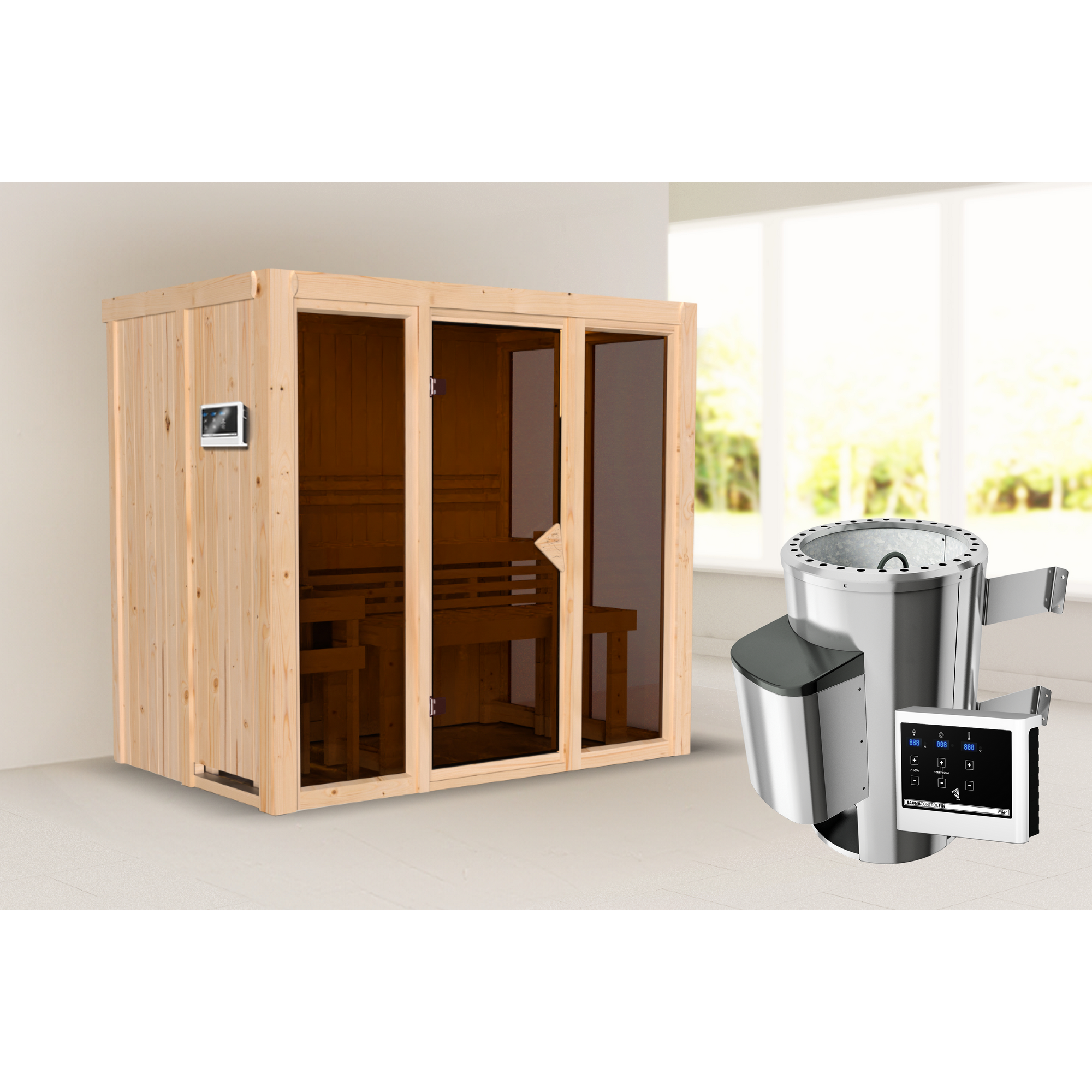 Sauna 'Paco 3' naturbelassen 3,6 kW Ofen externe Steuerung 216 x 138 x 198 cm + product picture