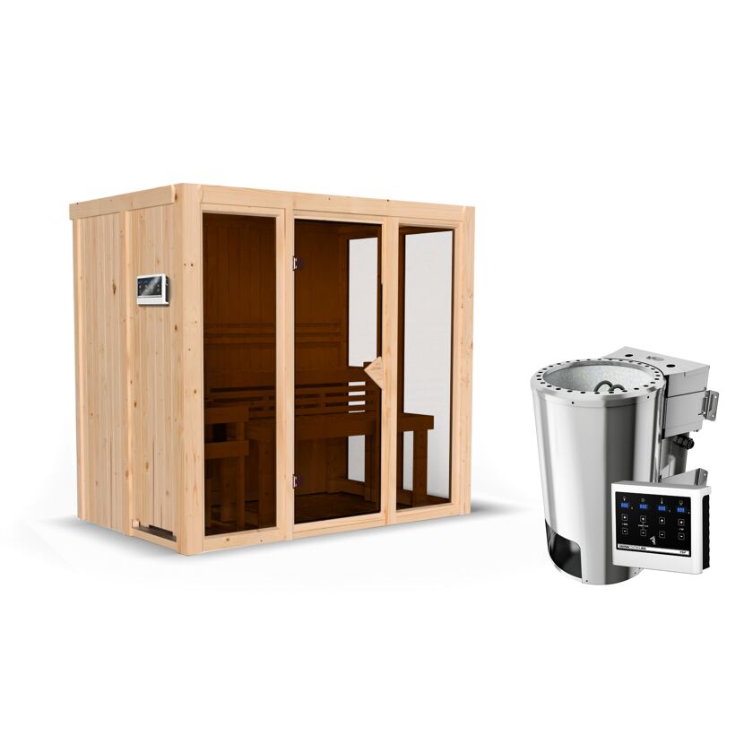 Sauna aus hellem Holz mit Saunaofen