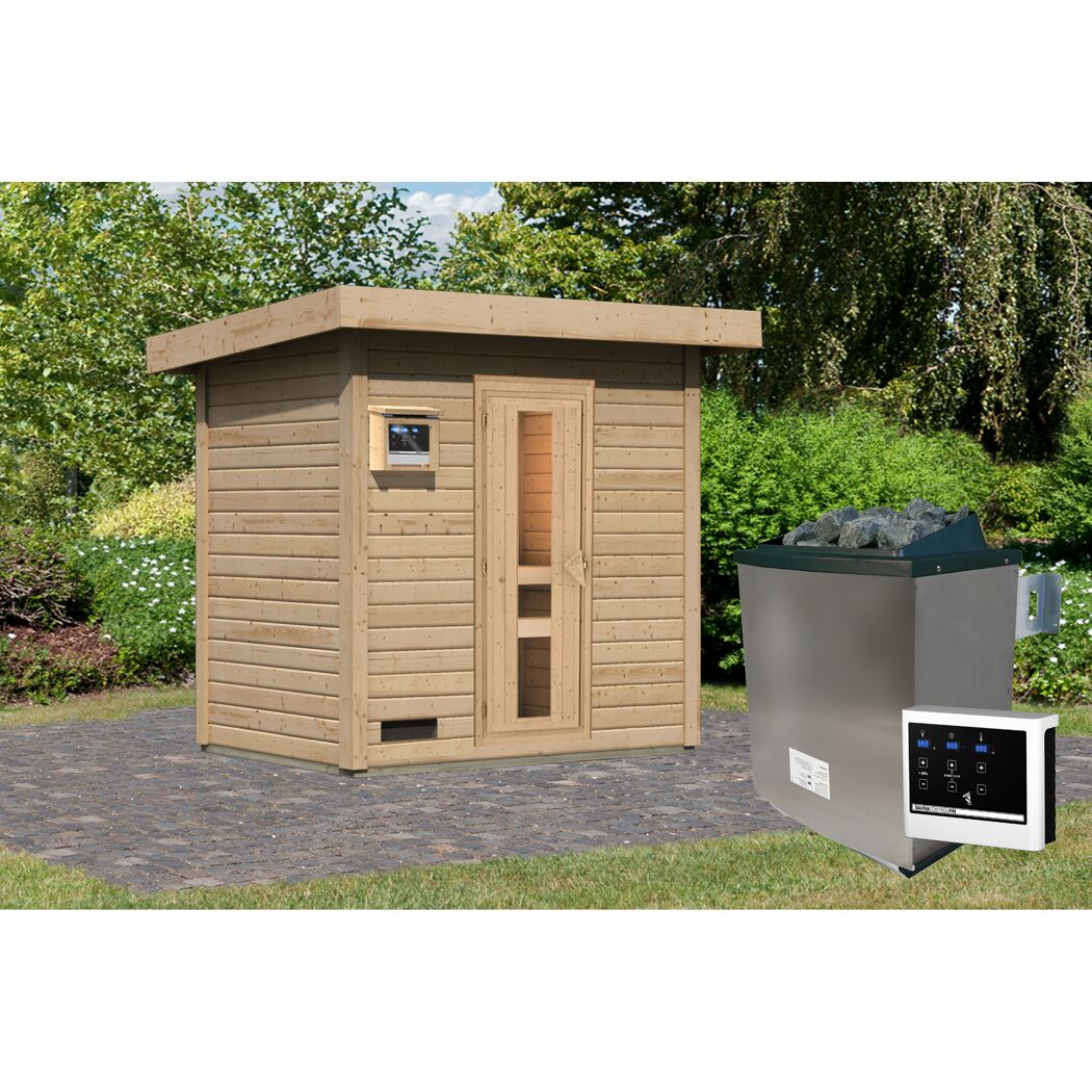 Saunahaus 'Bosco 1' naturbelassen 9 kW Ofen externe Steuerung 196 x 146 x 228 cm