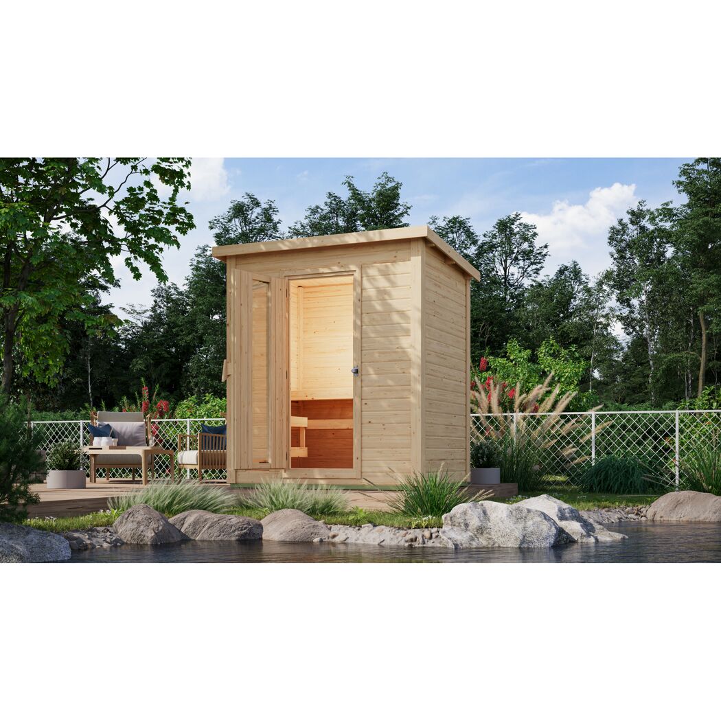 Holzsauna am Rande eines Pools
