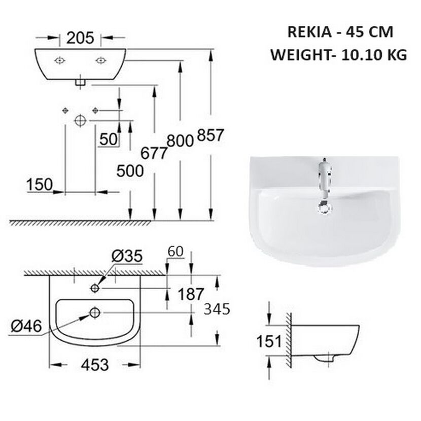 Waschtisch 'Rekia' rechteckig weiß 45,3 x 34,5 x 15,1 cm