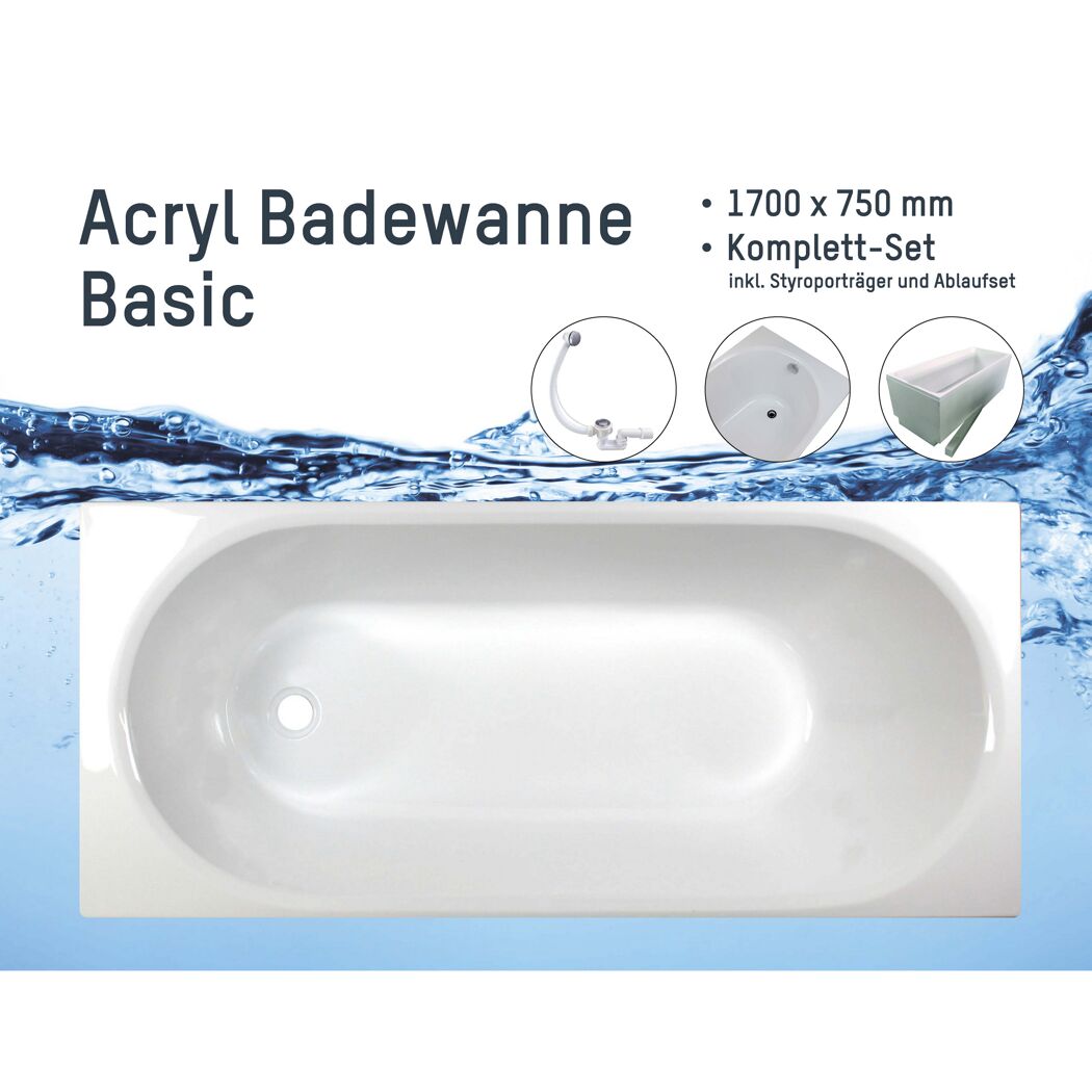Badewanne Stahl weiß 170 x 75 x 41 cm