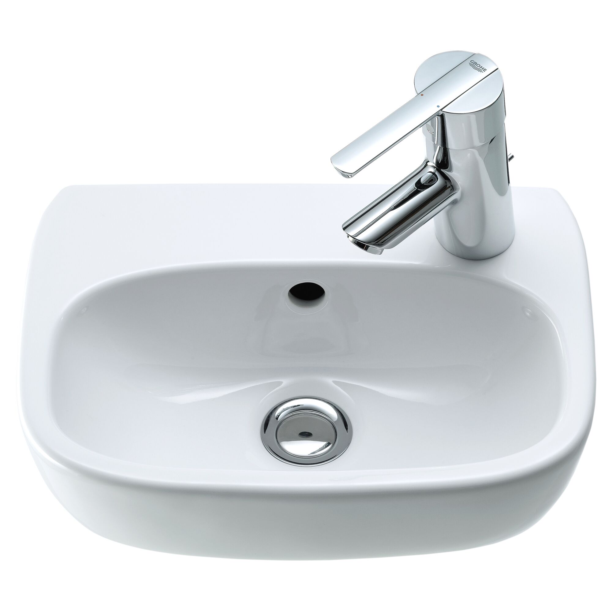 Weißes Handwaschbecken mit Grohe Wasserhahn.