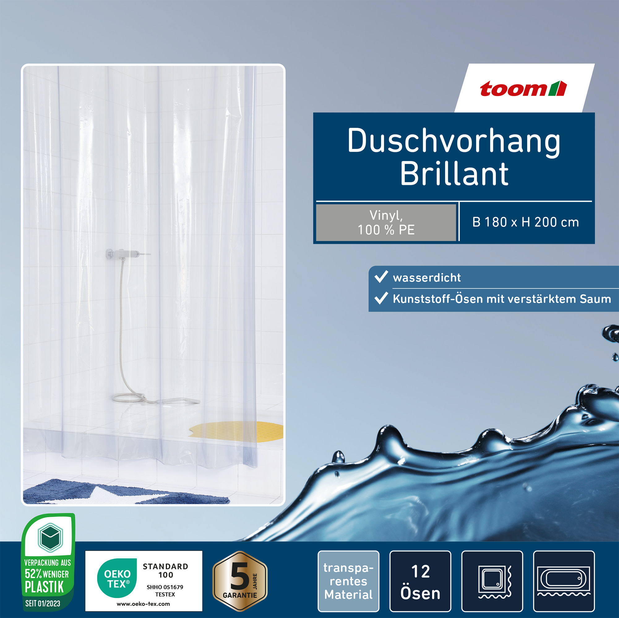 Duschvorhang Folie Brillant 180 x 200 cm