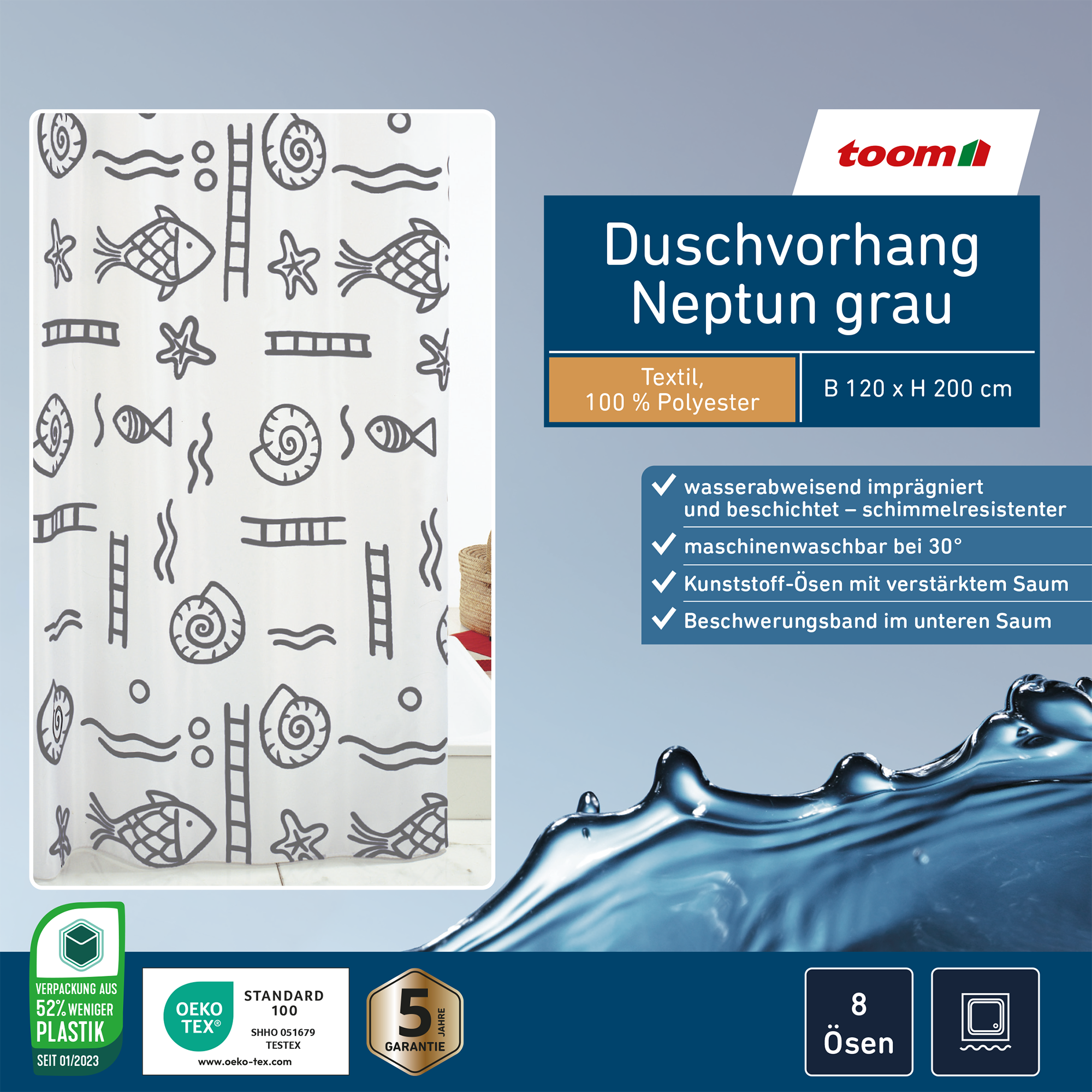 Duschvorhang Textil Neptun 120 x 200 cm