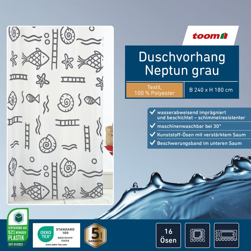 Grauer Duschvorhang mit Muscheln, Fischen und Leitern