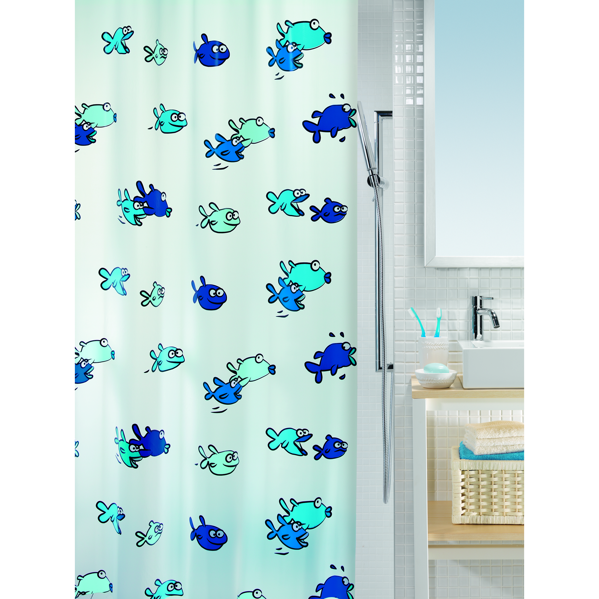 Duschvorhang mit blauen und türkisfarbenen Fischen