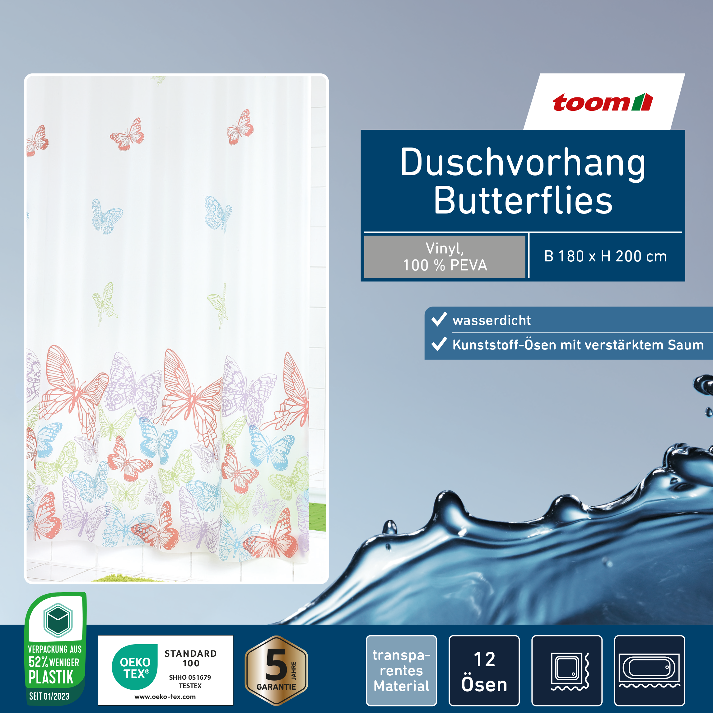 Duschvorhang 'Papillon' Folie semitransparent-multicolor 180 x 200 cm