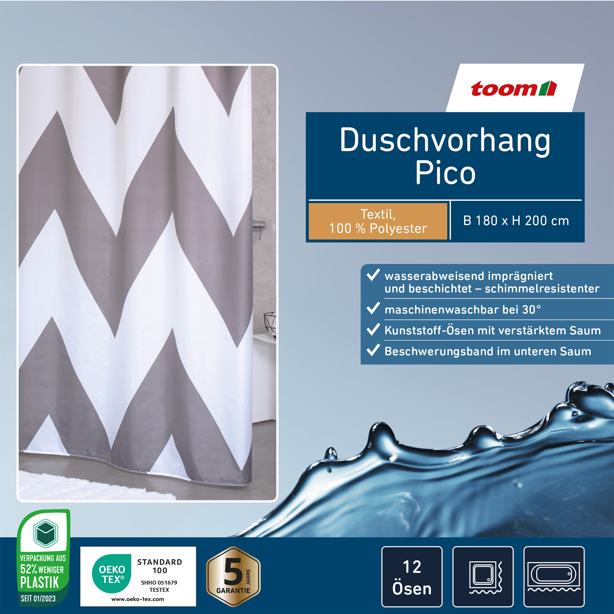 Duschvorhang 'Pico' Textil grau 180 x 200 cm