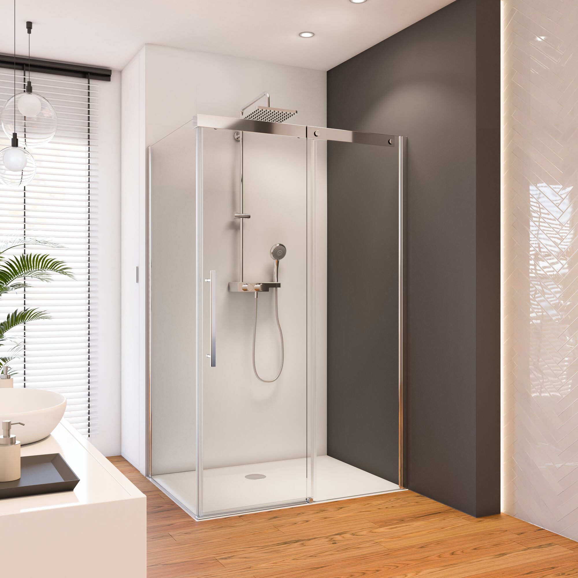 Duschkabine mit Schiebetür in einem Badezimmer.