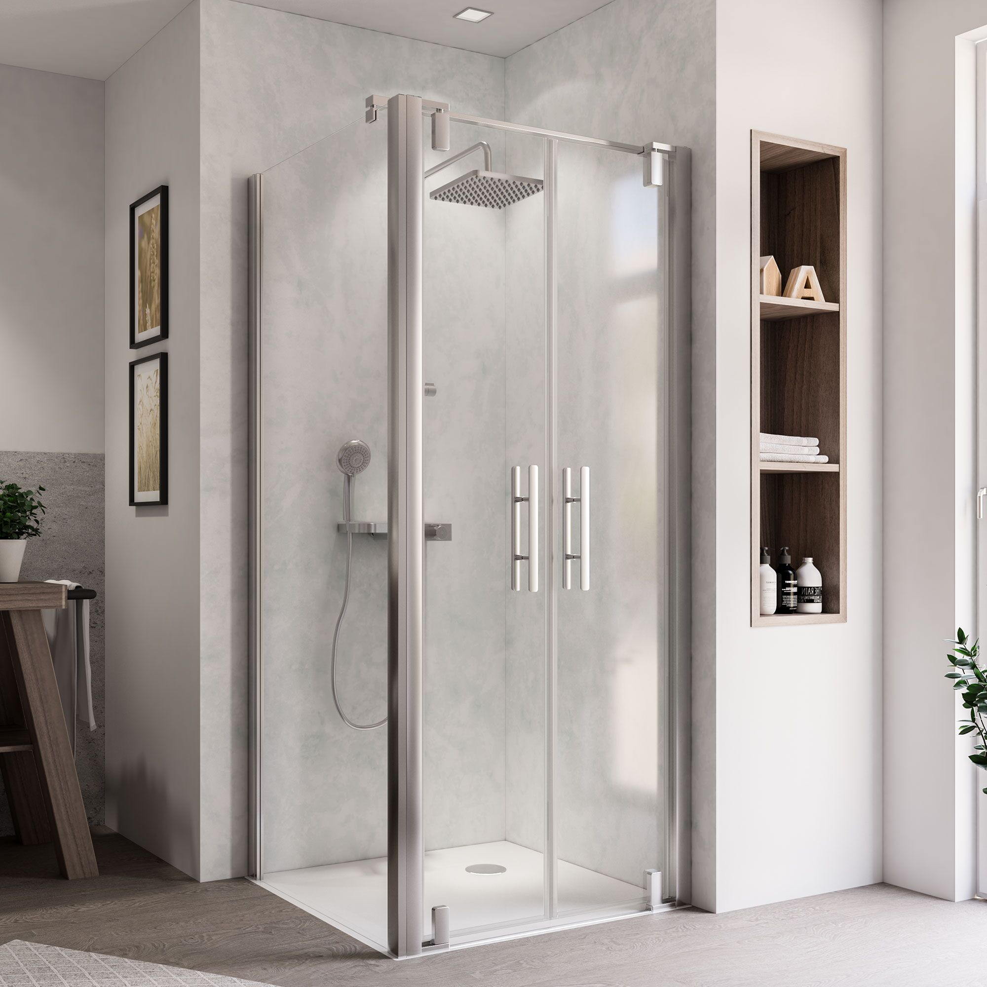 Duschkabine mit Duscharmatur und zwei Duschtüren