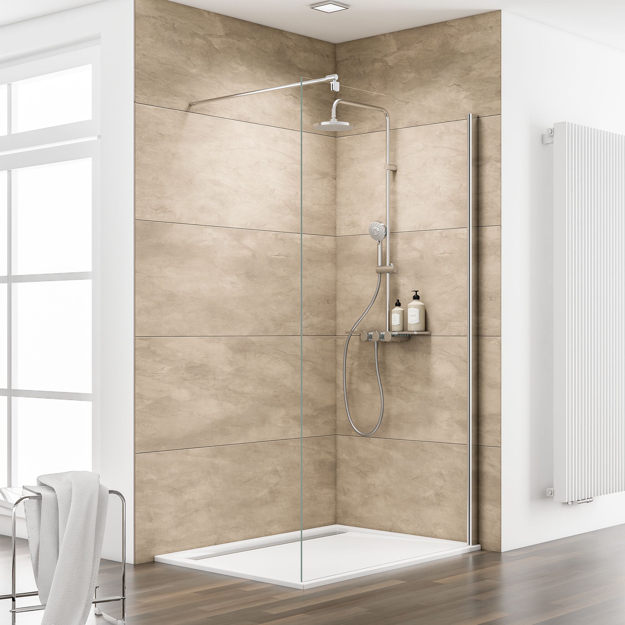 Duschkabine mit Regendusche und braunen Fliesen