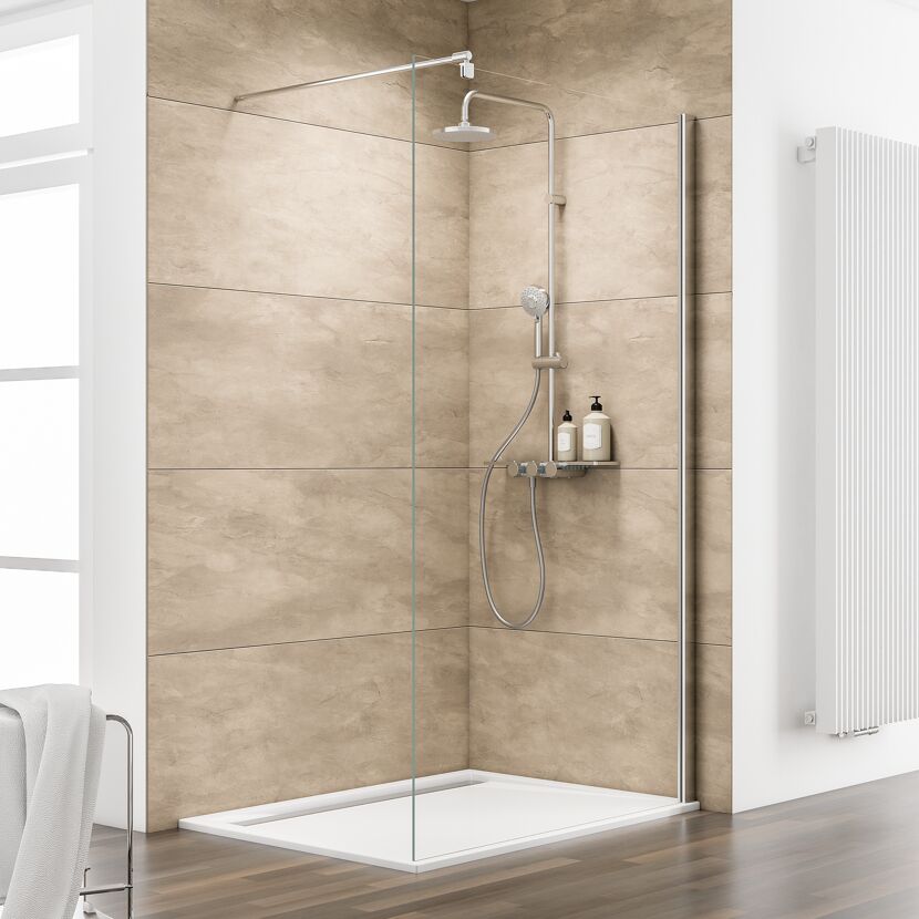 Duschkabine mit Regendusche und Duschbrause in einem modernen Badezimmer