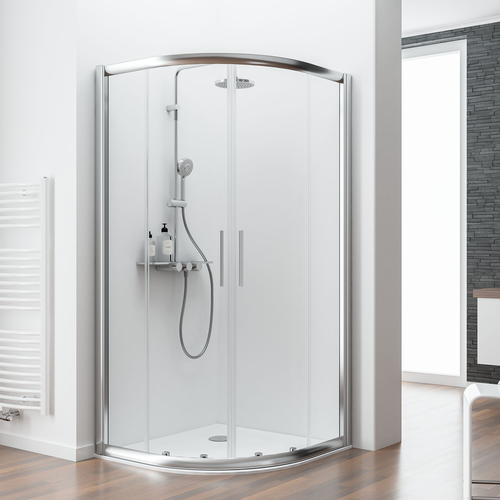 Runddusche mit zwei Schiebetüren aus Glas