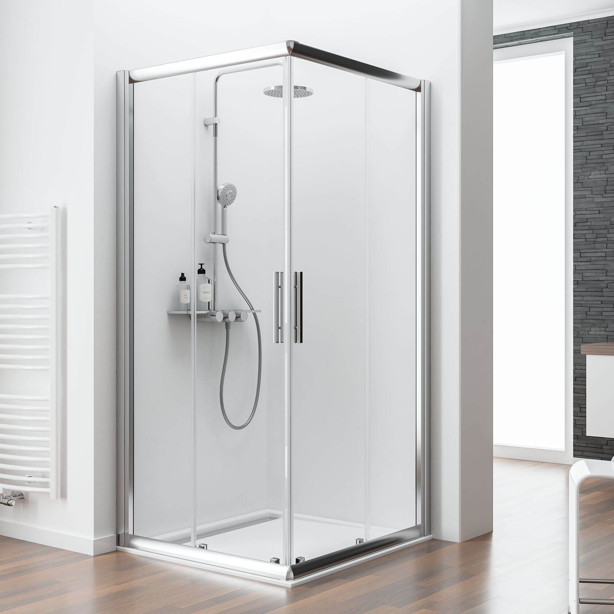 Duschkabine mit Duscharmatur und Duschkopf