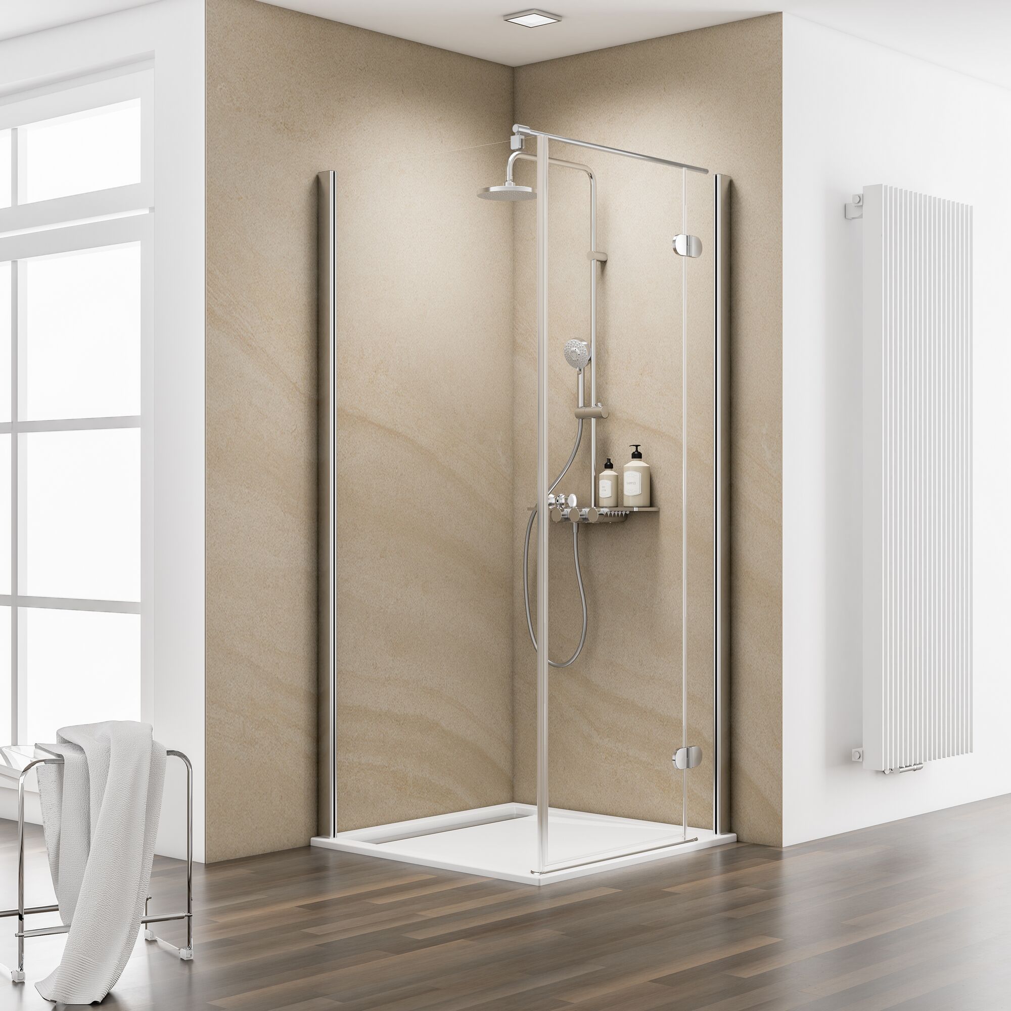 Duschkabine mit Regendusche und Handbrause in modernem Badezimmer