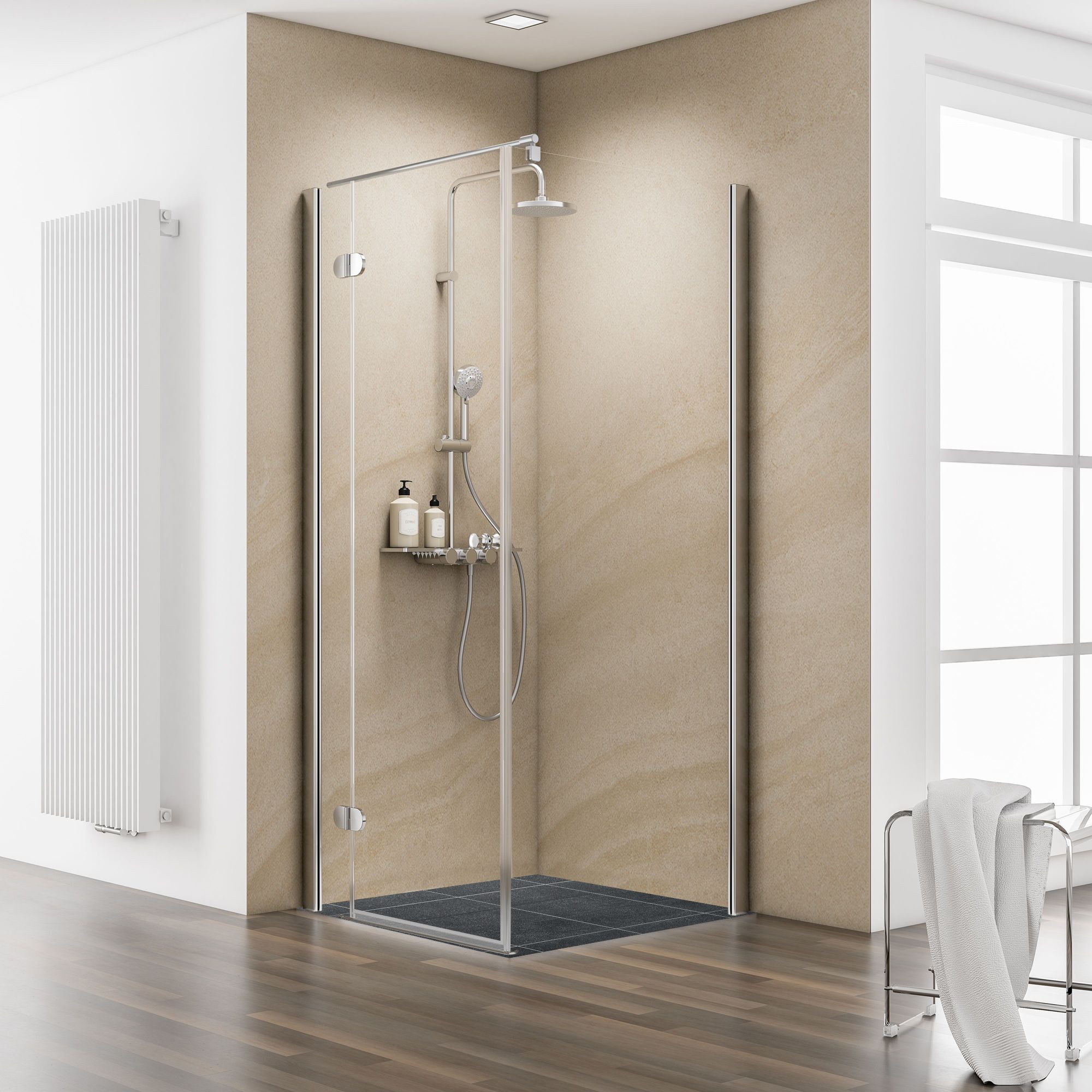 Duschkabine mit Duscharmatur und Ablage