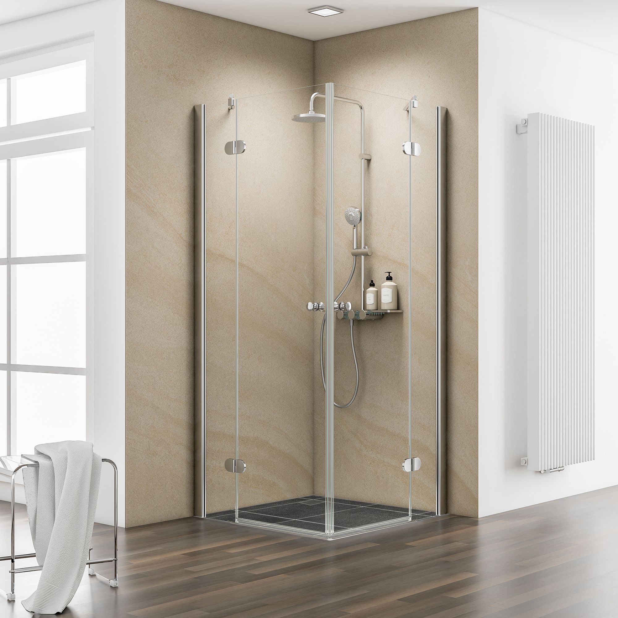 Eckdusche mit Regendusche in modernem Badezimmer