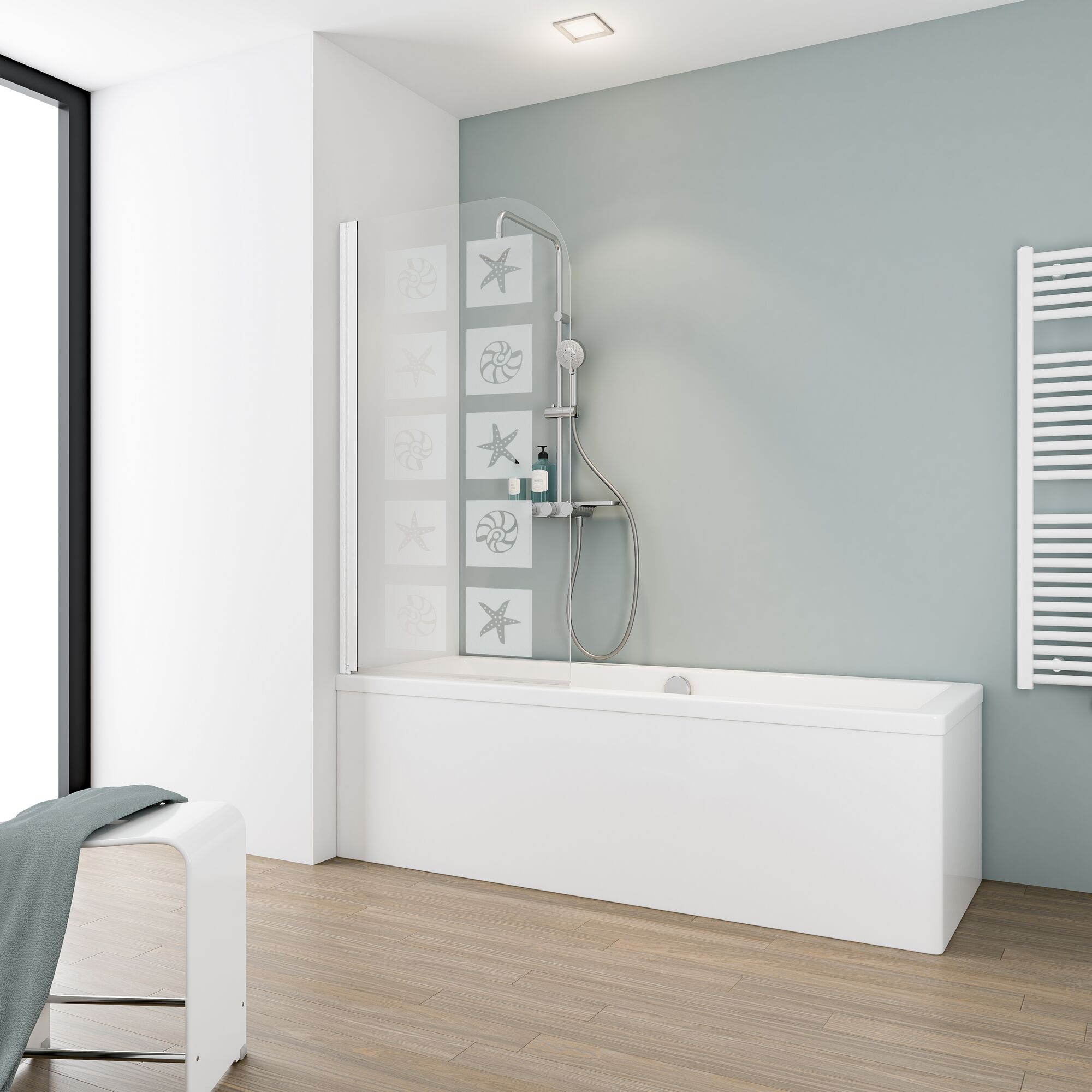 Badewanne mit Duschabtrennung und Muschelmotiv