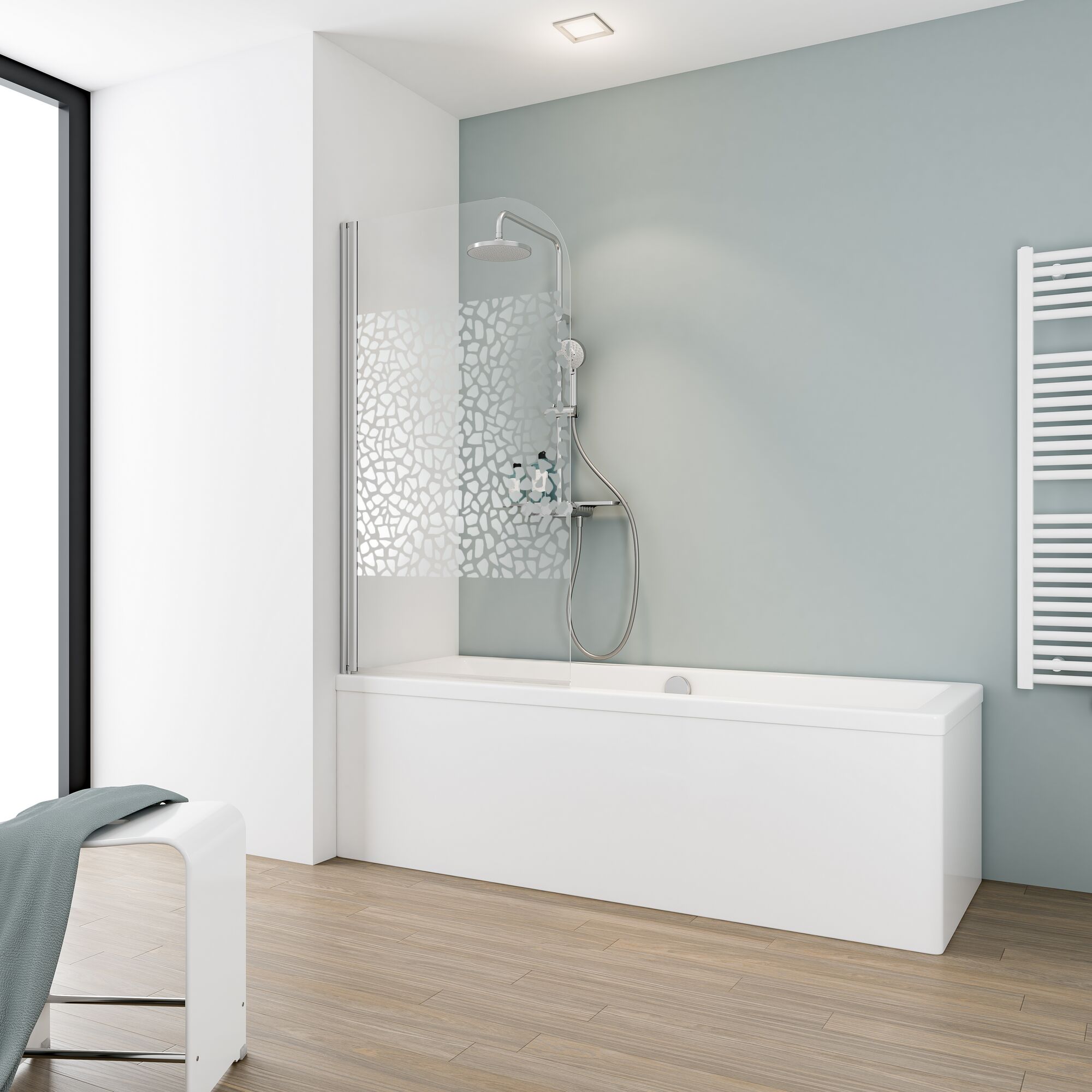 Badewanne mit Duschabtrennung, Dekor Terrazo