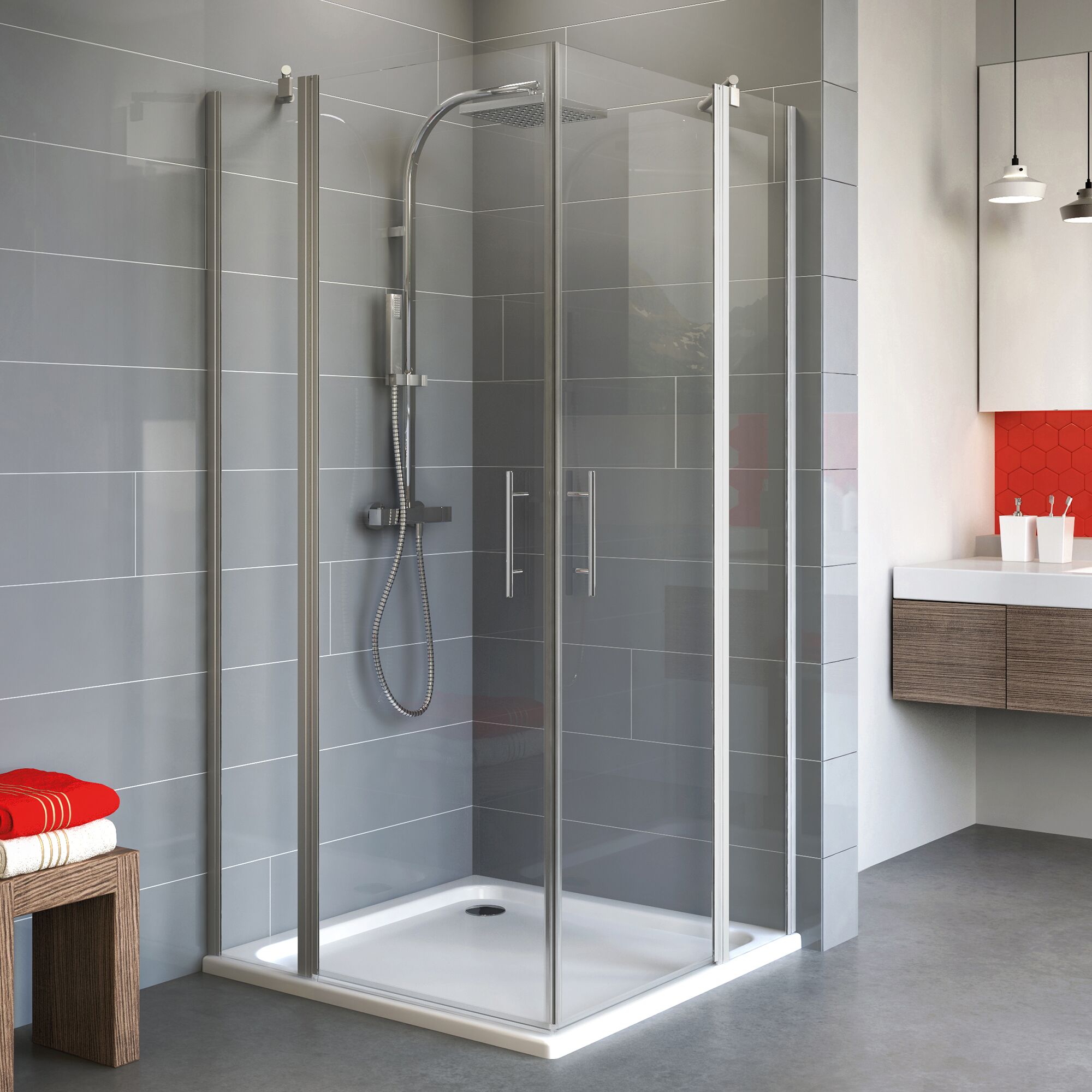 Eckdusche mit Duscharmatur und Duschkopf