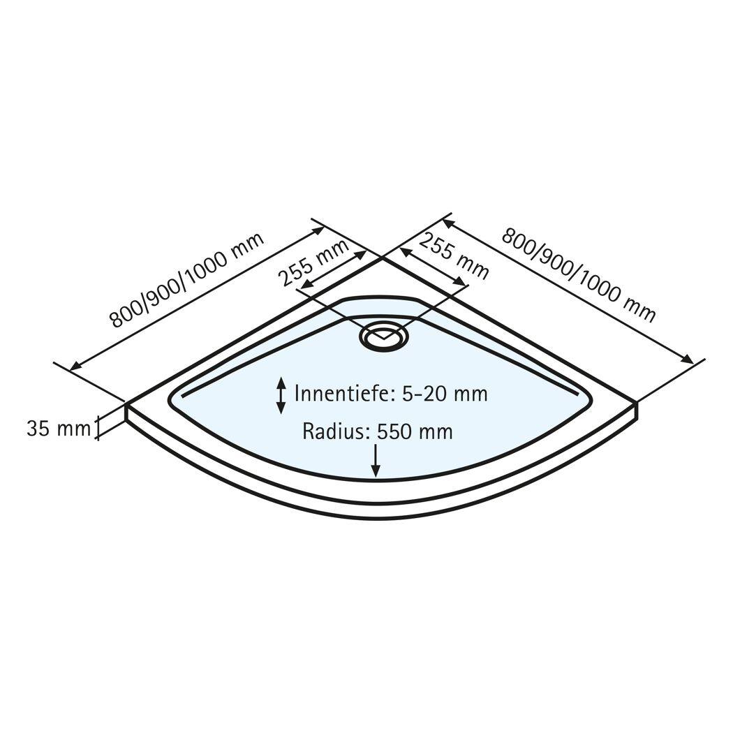 Duschwanne, Ecke, Radius 550 mm, 35 mm hoch