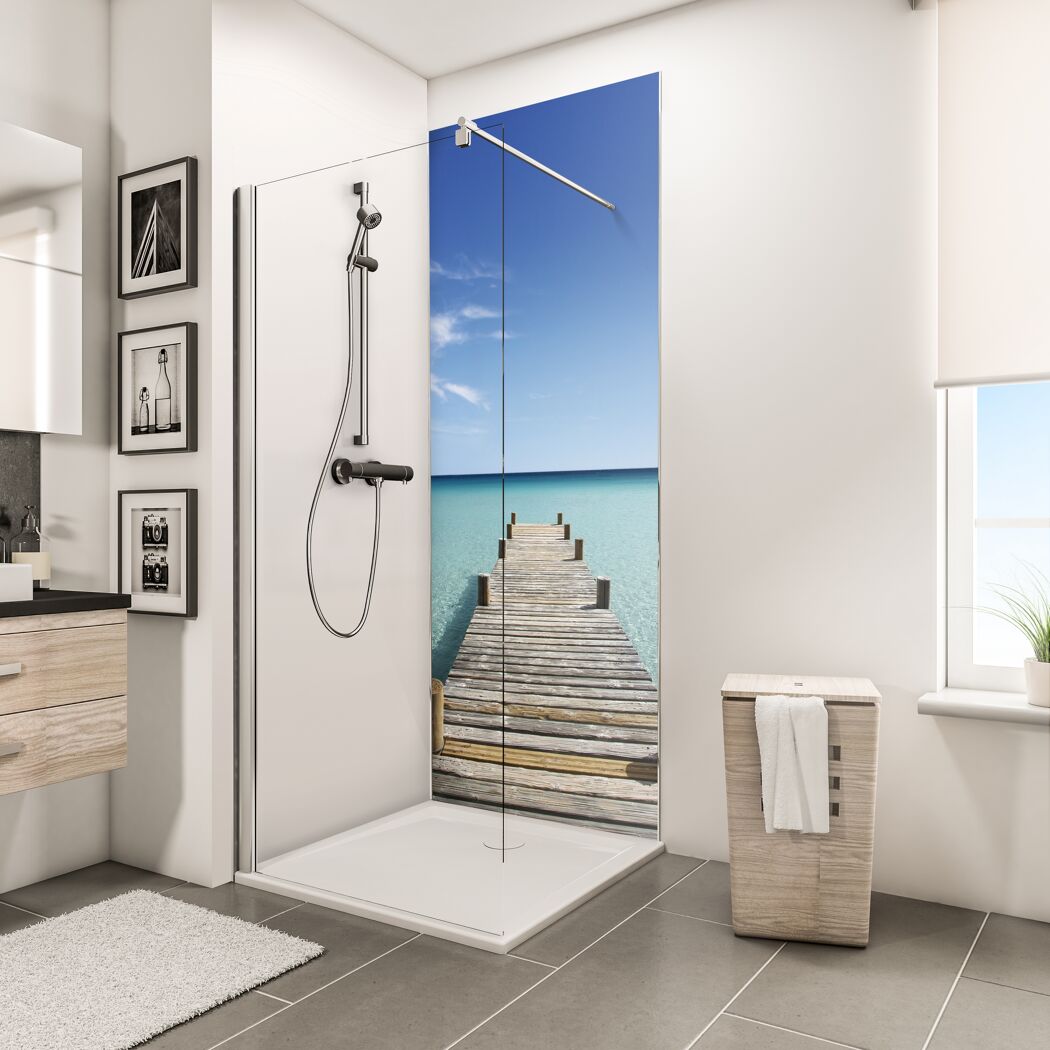 Duschrückwand 'DecoDesign' Motiv Steg Malediven, 90 x 210 cm