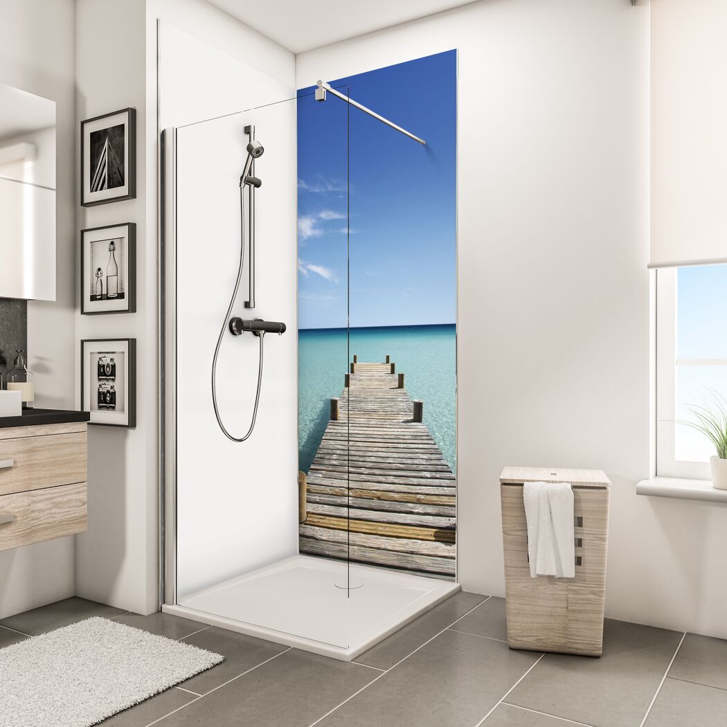 Duschrückwand 'DecoDesign' Motiv Steg Malediven, 90 x 210 cm
